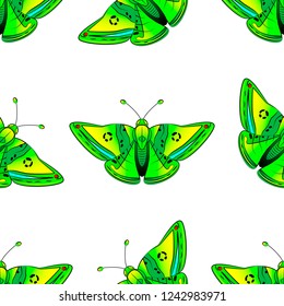 Pattern green exotic butterfly with yellow, blue and red spots
