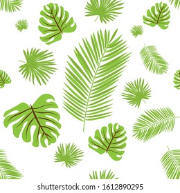 pattern with green exotic leaves in a chaotic manner on a white background