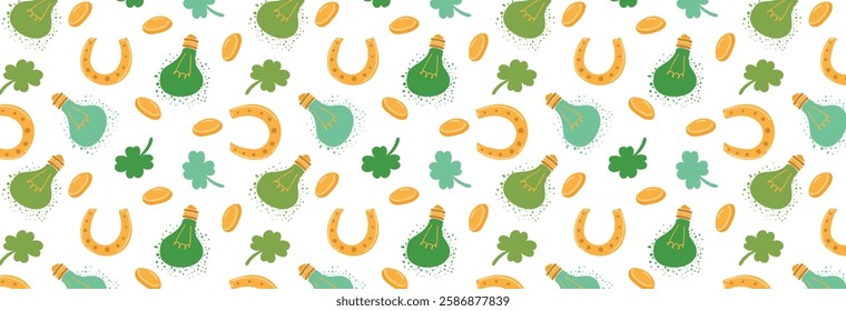 Pattern of green festive lights, horseshoes, coins and clovers in a trendy retro style. Festive colorful, seamless background for St. Patrick's Day. Decoration for the Irish holiday. Vector wallpaper.