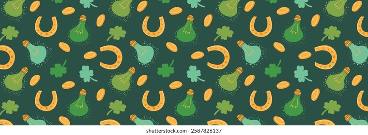 Pattern of green festive lights, horseshoes, coins and clovers in a trendy retro style. Festive colorful, seamless background for St. Patrick's Day. Decoration for the Irish holiday. Vector wallpaper.