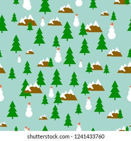 Pattern of green fir tree, white snowman in red hat and mountains covered with snow on a blue background