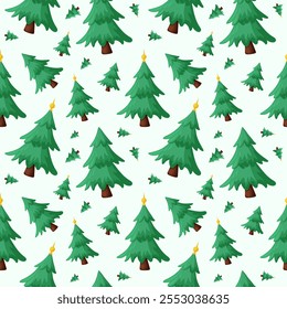 Pattern with green fir trees on a light background. Seamless pattern is perfect for creating New Year's packages, decorations, clothes or interior design.
