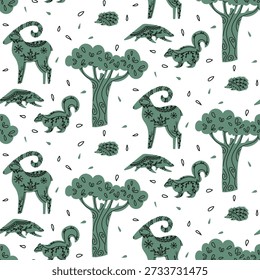 Pattern with green forest animals with natural ornaments. Forest animals painted goat, skunk, Christmas tree, badger in tall trees, textile prints, coloring pages, ethnic graphic design projects