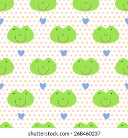 Pattern with green frog who is smiling. Pattern in point. Background birthday. Funny picture for children.