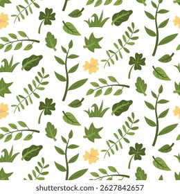 pattern of green garden branches, leaves. Flowers, bushes, branches, grass. Flat color illustration in texture. Greenery in the garden. Suitable for decorating children's and nature projects, prints