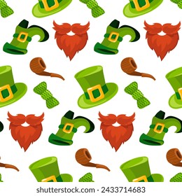 Pattern is a green hat, beard, shoe, pipe, butterfly. Vector seamless pattern for St. Patrick's Day. Attributes of a leprechaun are seamless for good luck on a white. Luck, holiday, packaging, repeat