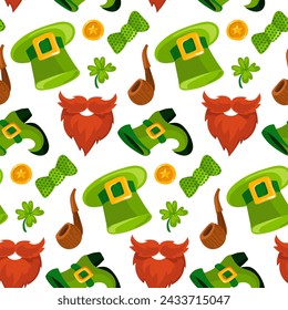 Pattern is a green hat, beard, shoe, pipe, butterfly, clover, coin. Vector seamless pattern for St. Patrick's Day. Attributes of a leprechaun for good luck on a white. Luck, wealth, holiday, packaging