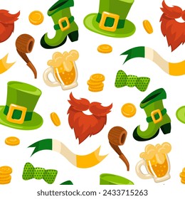 Pattern green hat, beard, shoe, pipe, butterfly, beer, coin, ribbon of Ireland. Vector seamless pattern for St. Patrick's Day. Attributes of a leprechaun on a white . Luck, wealth, holiday, packaging