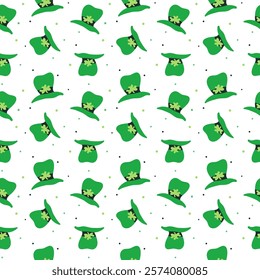 Pattern of Green hat with shamrock. Iresh holiday Saint Patric print.