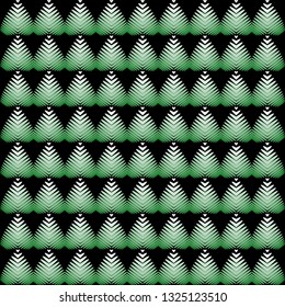 Pattern of green hearts and flowers on a black background. Abstract striped vertical pattern of leaves and hearts.
