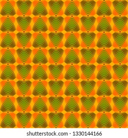 Pattern of green hearts from red stripes on an orange background in a bright intersection. Universal pattern for holidays and love themes.