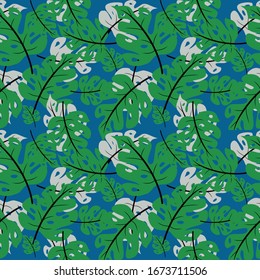 Pattern of green leave on blue background vintage tone for background, wallpaper, fabric textile, paper print,  card. Vector design.