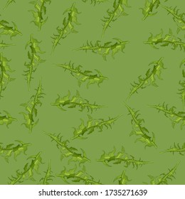 Pattern of green leaves of dandelion on a light green background