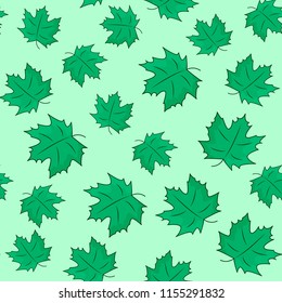 Pattern with green leaves on the green background. Vector illustration of maple  leaves