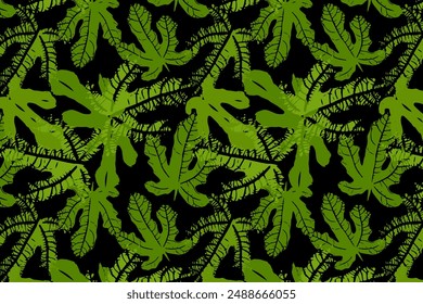 Patrón con hojas verdes sobre un fondo negro, fondo de Vector sin costuras, impresión de moda para imprimir en tela y decoración, hojas de higuera.