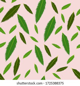 Pattern with green leaves on pink background, vector illustration, textile, decor, background, print