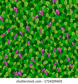 Pattern with green leaves and pink flowers. Colorful summer background. Cartoon vector Illustration.