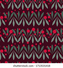 Pattern of green leaves and red circles of berries Burgundy background. Fabric paper pattern. Postcard.