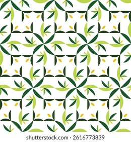 A pattern of green leaves and white background. The leaves are in various sizes and shapes. The pattern is repeated throughout the image