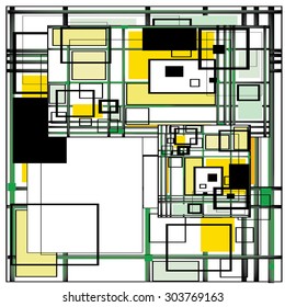 Pattern of green lines and yellow, black squares in the style of Mondrian for cards, invitations, wallpapers and backgrounds-1