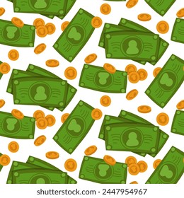 Pattern of green money and gold coins falling from above. Vector illustration of American dollar money. Random pattern of banknotes and coins in green and gold colors on a transparent background