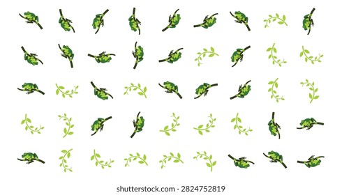 pattern of green parrots and light green leafy branches arranged on white background tropical birds and natural elements seamless design