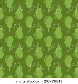Pattern with green pears. Outline style. Vector illustration on a green background. For use in packaging, prints, textiles, scrapbooking, flyers and brochures.