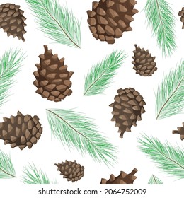 Pattern green pine branches with brown cones, seamless background.