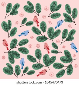 Pattern with green pines and birds