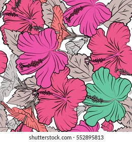 Pattern in green and pink colors with tropic summertime motif may be used as texture, wrapping paper, textile design. Vector seamless pattern of tropical hibiscus flowers, dense jungle. Hand painted.