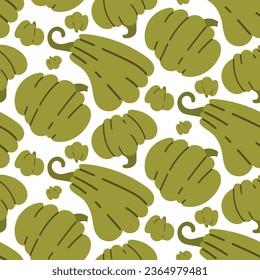 A pattern with green pumpkins on a white background. Modern abstract seamless pumpkin pattern. Texture of autumn pumpkin, harvest, Thanksgiving, Halloween. festive bright background