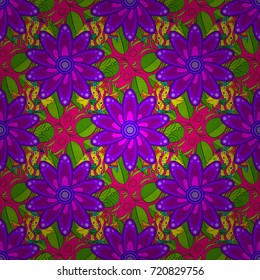 A pattern of green, purple and magenta daisies on a green, purple and magenta colors. Vector illustration. On green, purple and magenta colors