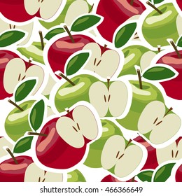 Pattern with green and red apples flat with leaves