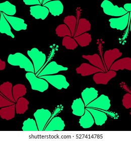 Pattern in green and red colors with tropic summertime motif may be used as texture, wrapping paper or textile design. Vector seamless pattern of tropical flowers, hibiscus, dense jungle. Hand painted