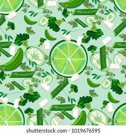 Pattern in green shades. A lot of fresh products in one exclusive pattern.