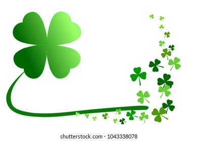 Pattern of green shamrocks, 4-leaf clover among 3-leaf; isolated on white background. Vector illustration. Concepts of Happy St. Patrick's day! holiday celebration, lucky, happiness, outstanding, etc.