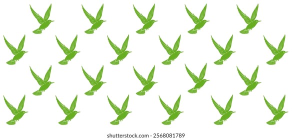 Pattern with green silhouette of birds flight in the white background
