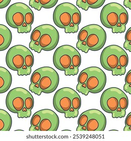 Pattern of green skulls with orange eyes, Halloween theme, spooky style Vector illustration