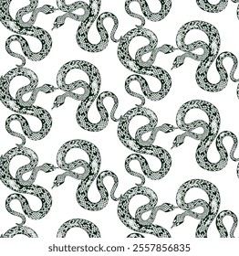 The pattern of green snakes intertwining creates a work of art inspired by nature, with serpentine shapes and intricate details.