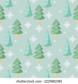 Patrón de abeto verde y copos de nieve blancos. Textura sin inconvenientes. Vector. Fondo claro. Invierno. Vacaciones. Imprimir. 