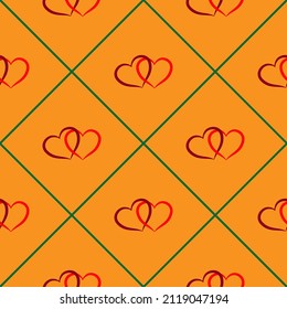 Muster mit grünem Quadrat und Herz auf Orange. Modegrafisches Design. Moderne, stilvolle Textur. Farbige Vorlage für Drucke, Textilien, Umhüllung, Tapete, Banner, Business, etc.