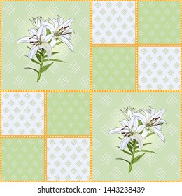 Pattern of green squares with white lily flowers