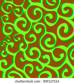Pattern with green stylish spiral curls on brown background. Vector repeating texture