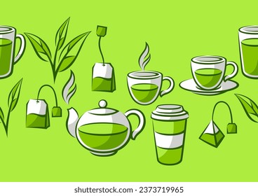Pattern with green tea items. Background with tea and accessories, packs and kettles.