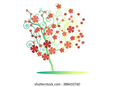 the pattern green tree with red flower on white background , vector ,illustration,image