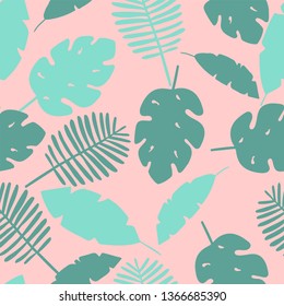 Pattern with green tropical leaves on pink background