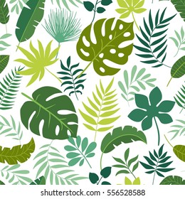 Pattern with green tropical leaves on white background