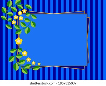 Patrón de ramitas verdes y flores amarillas sobre un fondo de rayas azules con un marco dorado para texto.Gráficos vectoriales para diseño y decoración.
