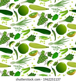 Pattern with green vegetables and fruits. Pepper and squash, grapes and kiwi, green onions and peas. apple, cucumbers. Vector illustration. For use in packaging design, wrapping paper, fabric prints