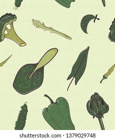 The pattern of green vegetables , the seamless pattern, the pattern of agriculture and green plants. Vector, the cartoon vegetables illustration isolated on colour background.